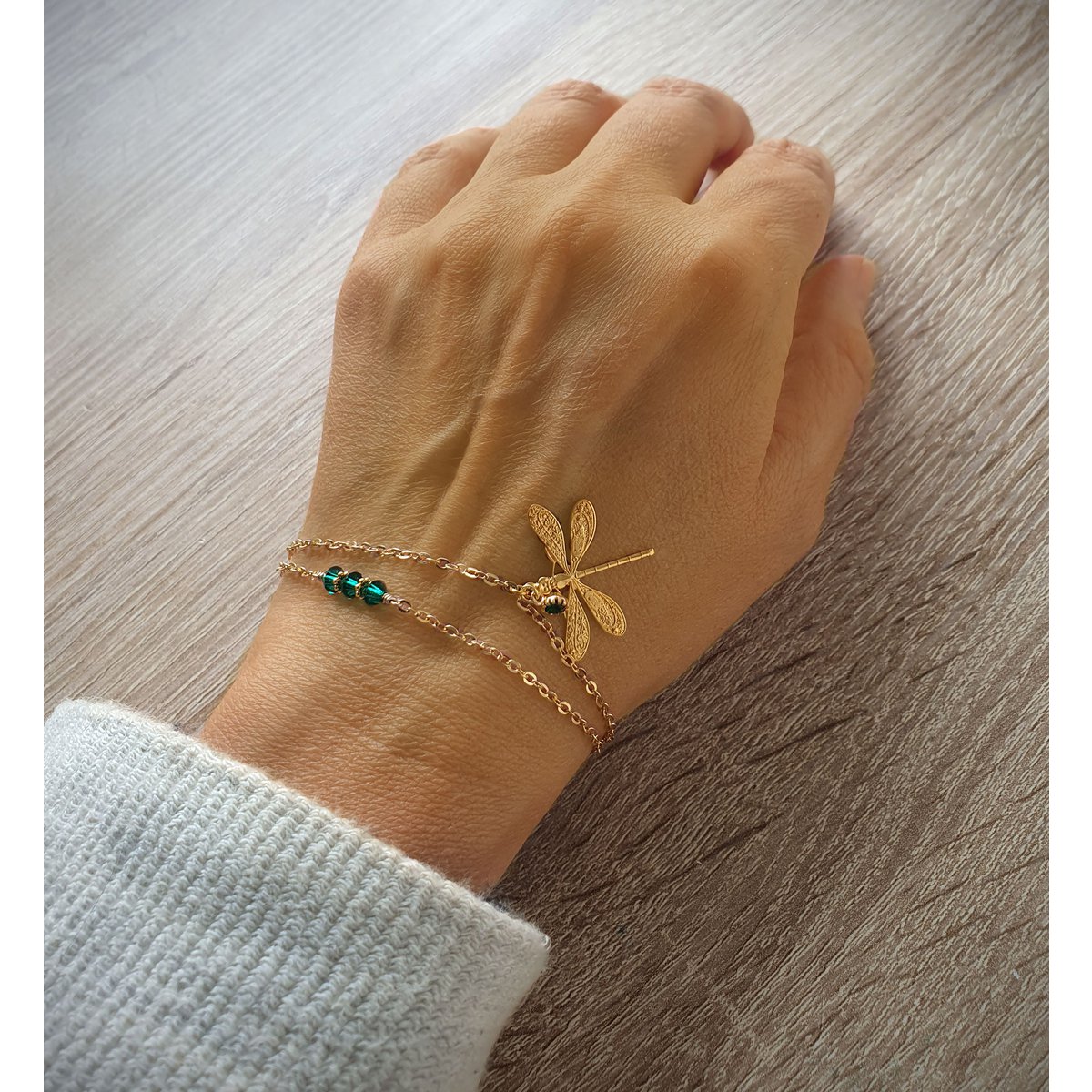 18K gold plated double chain dragonfly bracelet with Emerald crystals