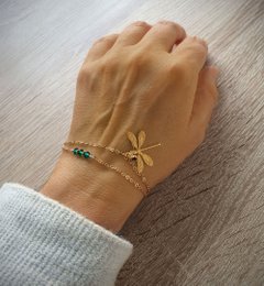 18K gold plated double chain dragonfly bracelet with Emerald crystals