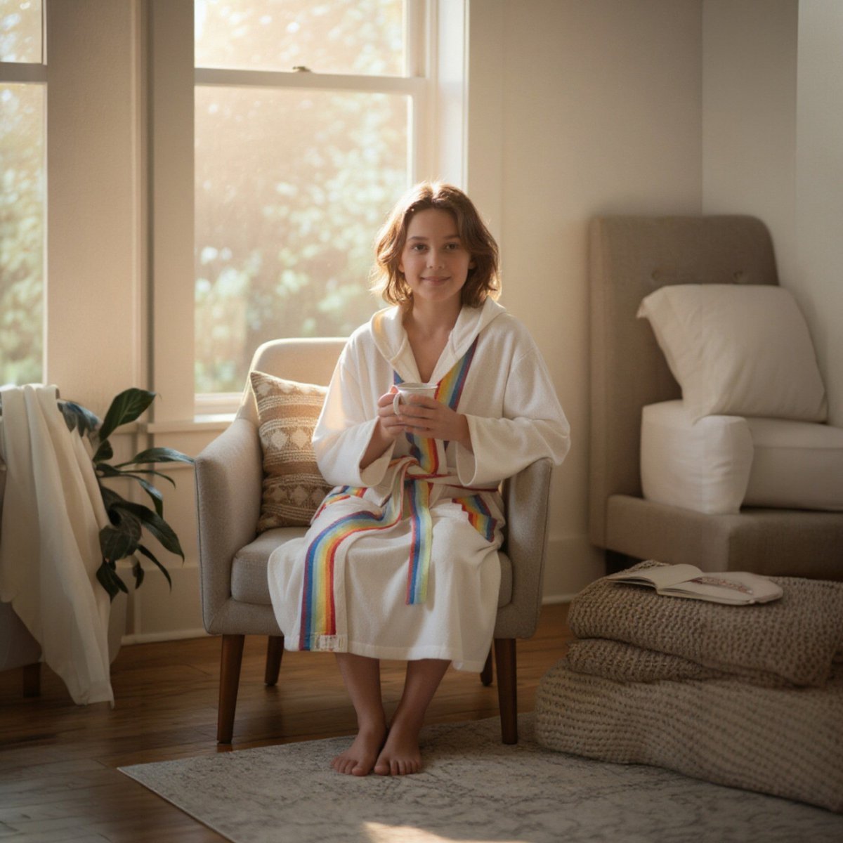 Children's bathrobe made from 100% cotton with a rainbow design