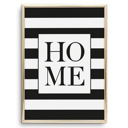 Black and white striped poster with the text "HOME" in the center.