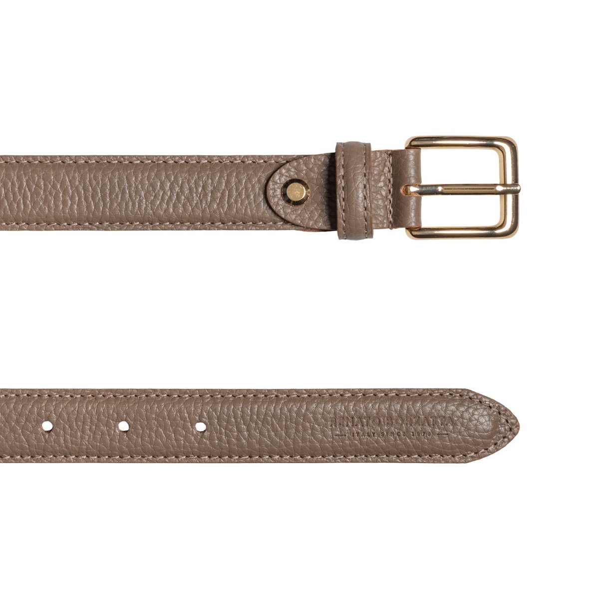 RB4022AQ | Damesriem gemaakt in Italië van echt dollar generfd leer. Gesp met glanzende gouden afwerking. Taupe kleur. Afmetingen: 115 x 2,5 x 0,5 cm (taille 100 cm)
