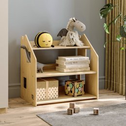  Wooden toy shelf with multiple shelves and compartments for storing children's books, toys, and other items. Suitable for a kid's bedroom or playroom.