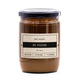 Tall, round scented candle in a glass jar with a black lid. The candle is labeled "No Filter" and has a warm, amber-colored wax.