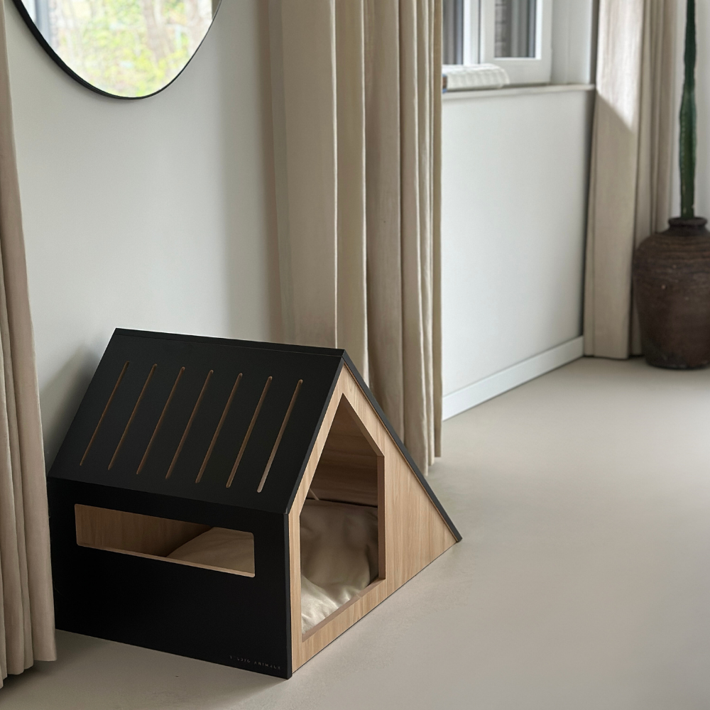 Kattenhuis | hout | katoen | zwart | 75 x 50 x 53 cm
