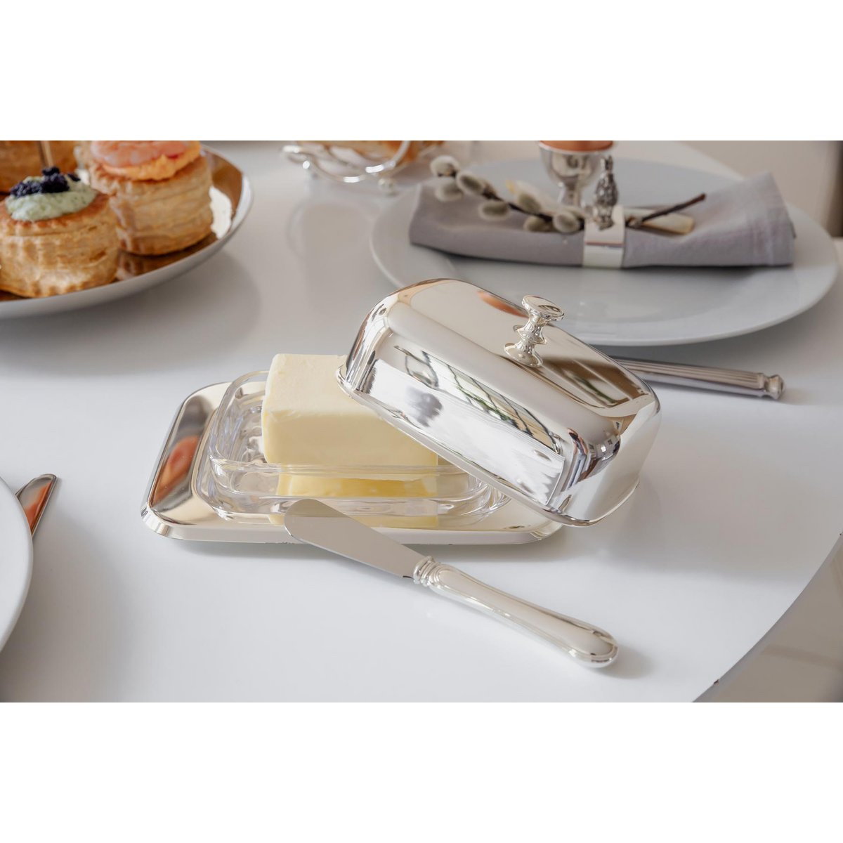 EDZARD butter dish Mista 13x18 cm, H 8 cm, glass insert, silver-plated, with butter knife
