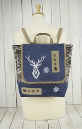 Domelo Trachten Rucksack/ Umhängetasche für Mädchen. Backpack aus Jeansstoff und Canvas mit Reh-Motiv