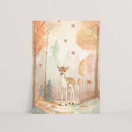 Postcard featuring an autumn forest scene with animals, including a deer, fox, and birds. The image has a warm, whimsical style with a garland of lights or flags hanging overhead.
