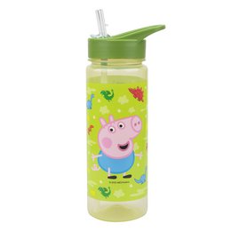  Peppa Pig character drinking bottle, green lid, yellow-green body, dinosaur theme, 650ml capacity, children's water bottle.