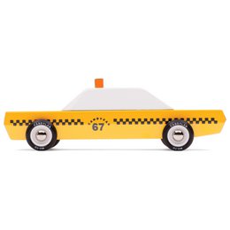 Yellow taxi cab toy car with checkered pattern, rounded shape, black wheels, mint candy dispenser.