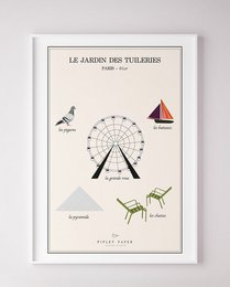 Vintage-style wall art featuring the Tuileries Garden in Paris, with illustrations of a ferris wheel, carousel, and animal silhouettes. The artwork showcases the iconic landmarks and attractions of this famous Parisian garden.
