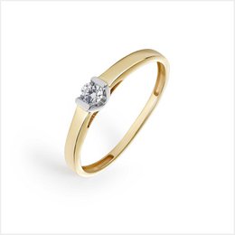 A two-tone diamond solitaire ring with a 0.10 carat diamond in H color and SI2 clarity, set in a 14K yellow gold band.