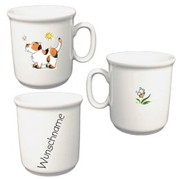  A ceramic kids cup featuring a playful dog design with a sun and flowers. The cup is suitable for children and can be personalized with a custom name.