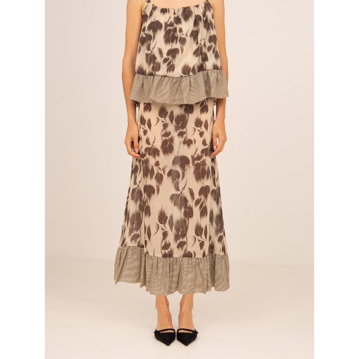 Bouquet Brown Flower Print Midi Skirt