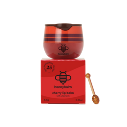 Red cherry lip balm SPF25, round jar container, natural moisturizing formula, paraffin-free skincare product.