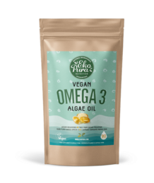 Vegan omega-3 algae oil supplement in a beige pouch with green accents. Contains essential fatty acids for plant-based nutrition.