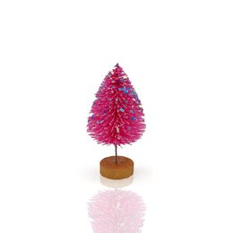 Pink glitter bottle brush tree with wooden base, decorative ornament.