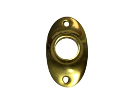 Brass oval escutcheon door handle plate, polished gold finish, two mounting holes, decorative keyhole surround