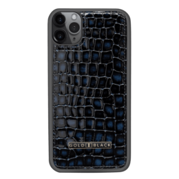 Leather smartphone case in a dark blue crocodile print pattern. Sleek and stylish design to protect your iPhone 11 Pro Max.