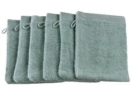 A set of 5 soft, absorbent sea green washcloths made of high-quality terry cloth material. Ideal for daily use in the bathroom.