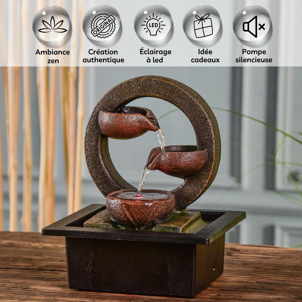 Zimmerbrunnen – Terai – Zen-Dekor-Idee – buntes LED-Licht – Wasserfluss-Kaskade – entspannendes Ambiente-Geschenk