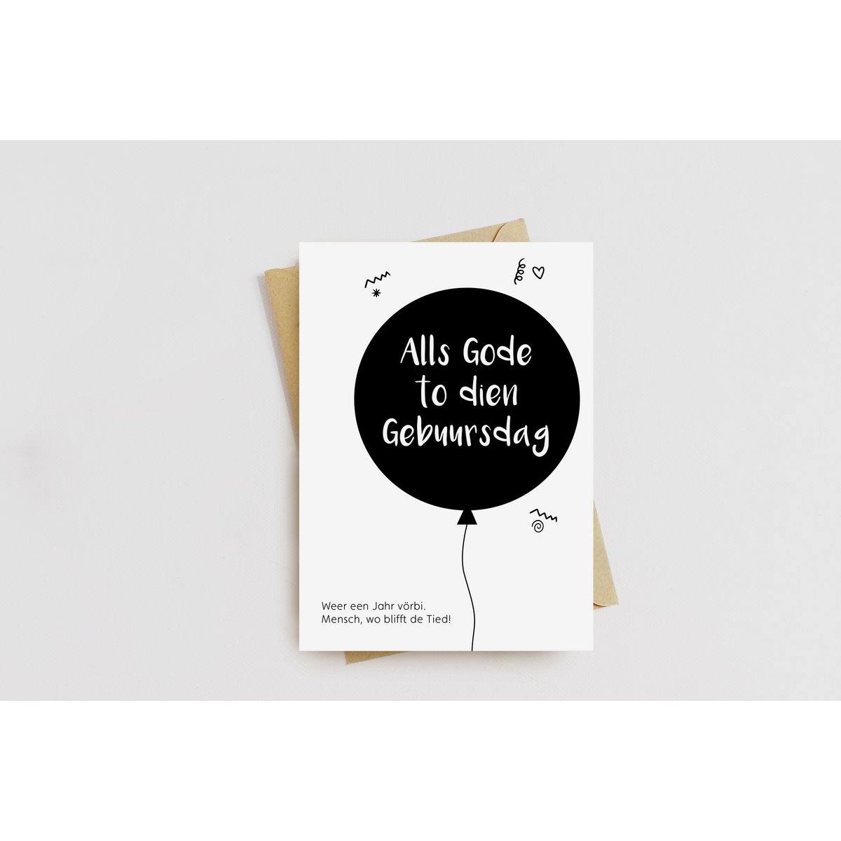 Folding card birthday Low German / balloon / monochrome / typography / black and white / black and white