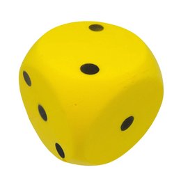 Large yellow foam cube, approximately 15 x 15 x 15 cm, with black dots, suitable for educational toys or games.
