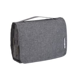 Grey toiletry bag with multiple compartments for storing makeup, toiletries, and other personal items. Made of durable, water-resistant material.