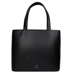 Black leather tote bag with a simple, minimalist design suitable for carrying laptops and other essentials.