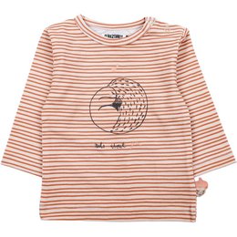 A striped long-sleeved baby shirt in off-white and light brown tones, featuring a graphic design of a hedgehog. The shirt is suitable for babies and toddlers.