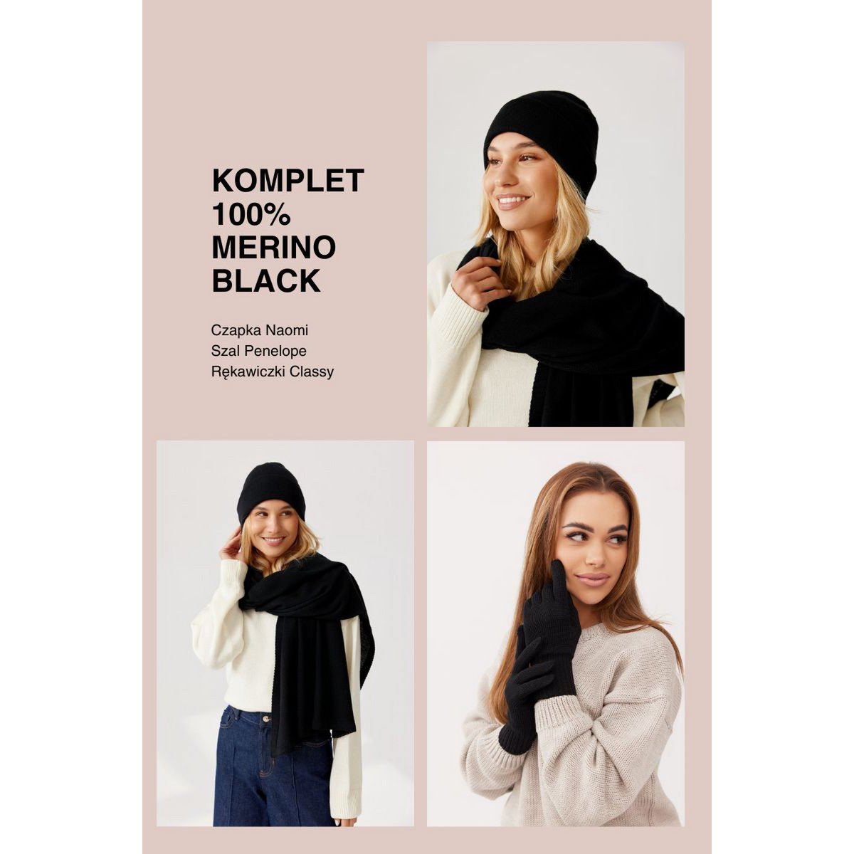 3-piece set (hat + scarf + gloves) 100% merino wool BLACK
