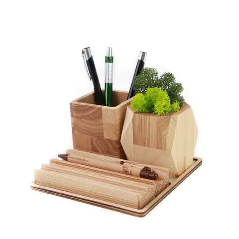 Wooden desk organizer with moss, Desk accessories with moss