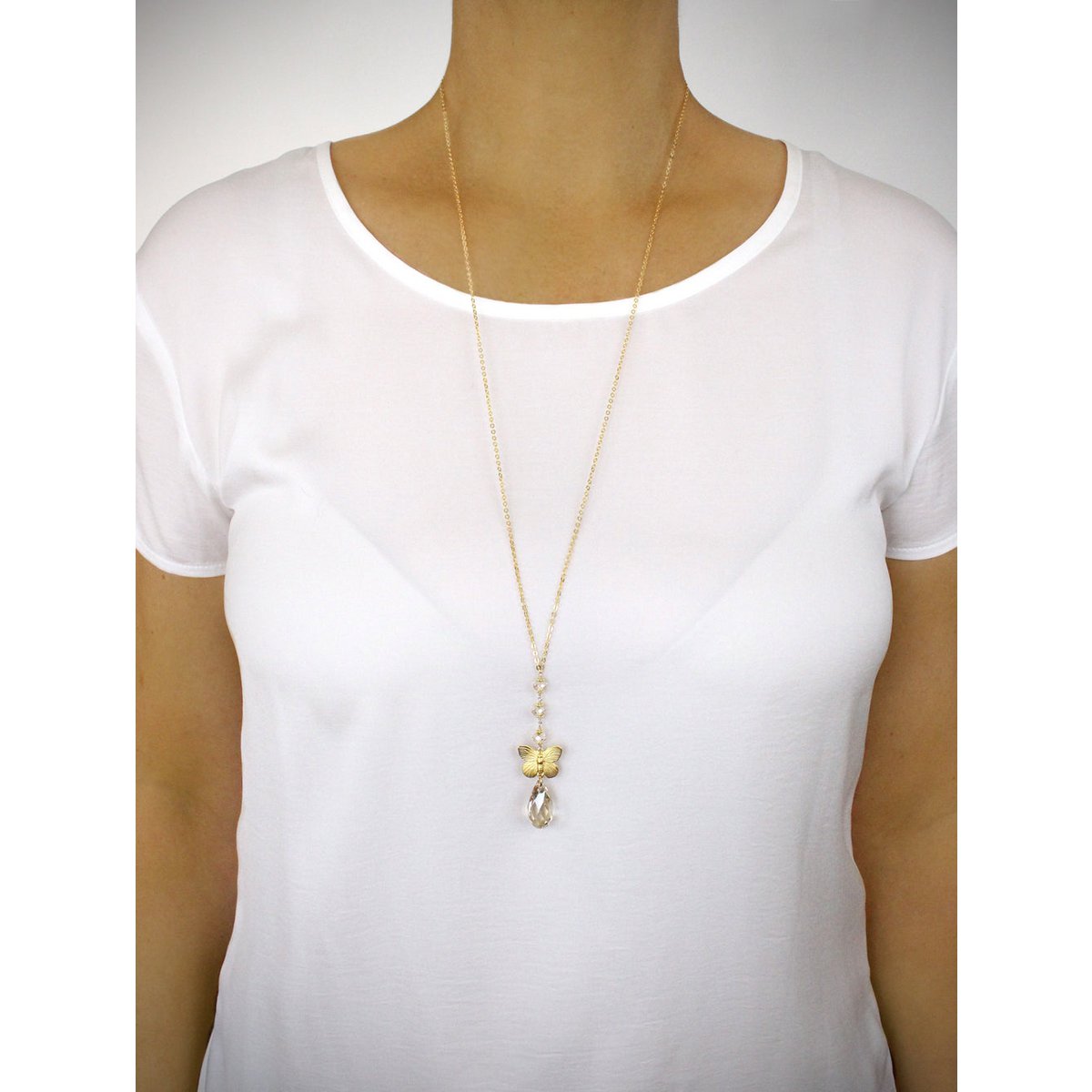 Long 18K gold plated butterfly necklace with Golden Shadow crystals