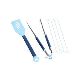  Blue BBQ grill tool set with spatula, tongs, forks, stainless steel metal handles, outdoor cooking accessories.