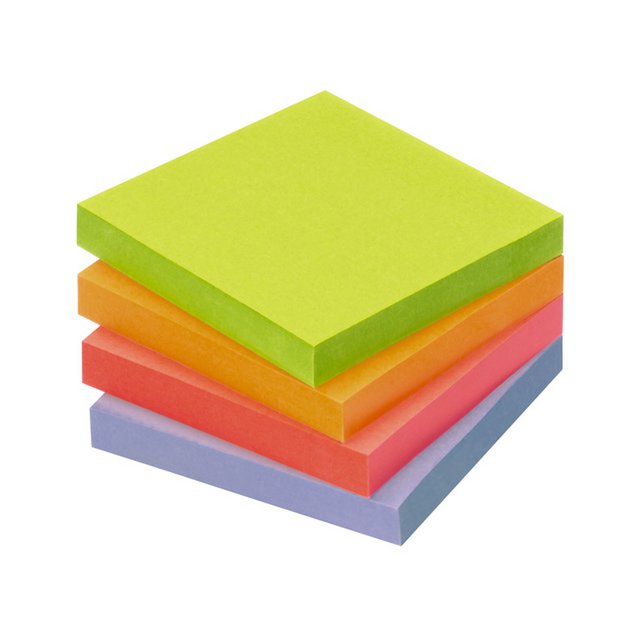 Info notes 75x75mm 16 x 100 blaadjes, 4 kleuren, blauwe engel, toren verpakking.