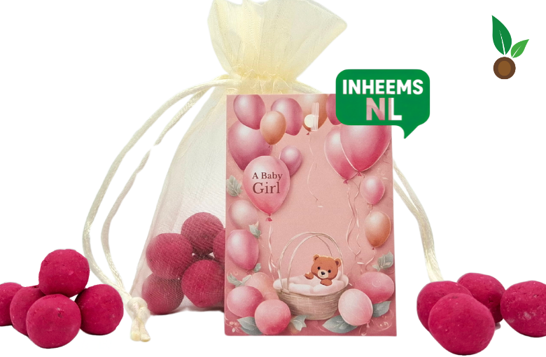 Fødselspige: 15 baby lyserøde frø buler i organza taske