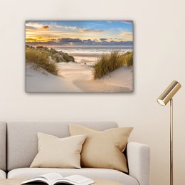 Lærredsmaleri - vægdekorationstrand - klit - græs - solnedgang - hav - vægdekoration stue - soveværelse dekoration - værelse tilbehør - malerier på lærred