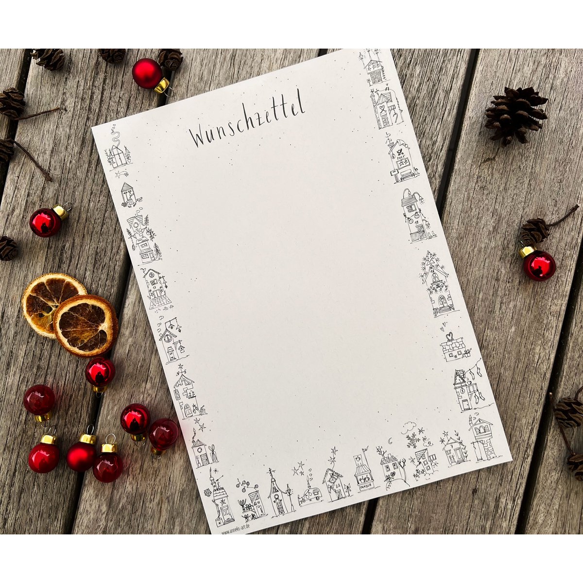 Verlanglijstpapier | Din A4 | 25 vellen, ongevoerd | "Verlanglijst & winterhuisjes" | Kerstpost