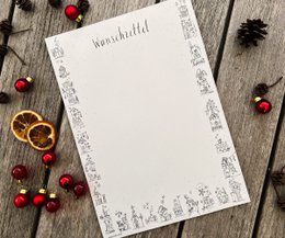 Verlanglijstpapier | Din A4 | 25 vellen, ongevoerd | "Verlanglijst & winterhuisjes" | Kerstpost