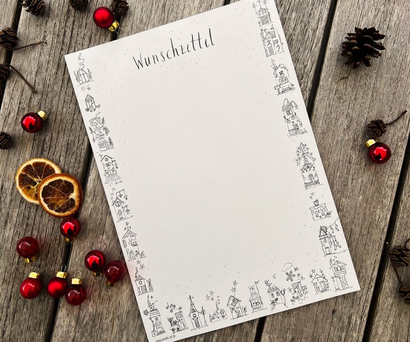 Verlanglijstpapier | Din A4 | 25 vellen, ongevoerd | "Verlanglijst & winterhuisjes" | Kerstpost