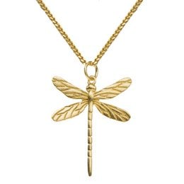 A delicate gold-toned dragonfly pendant necklace with a textured wing design. The necklace features a chain with a lobster clasp closure, making it easy to wear.