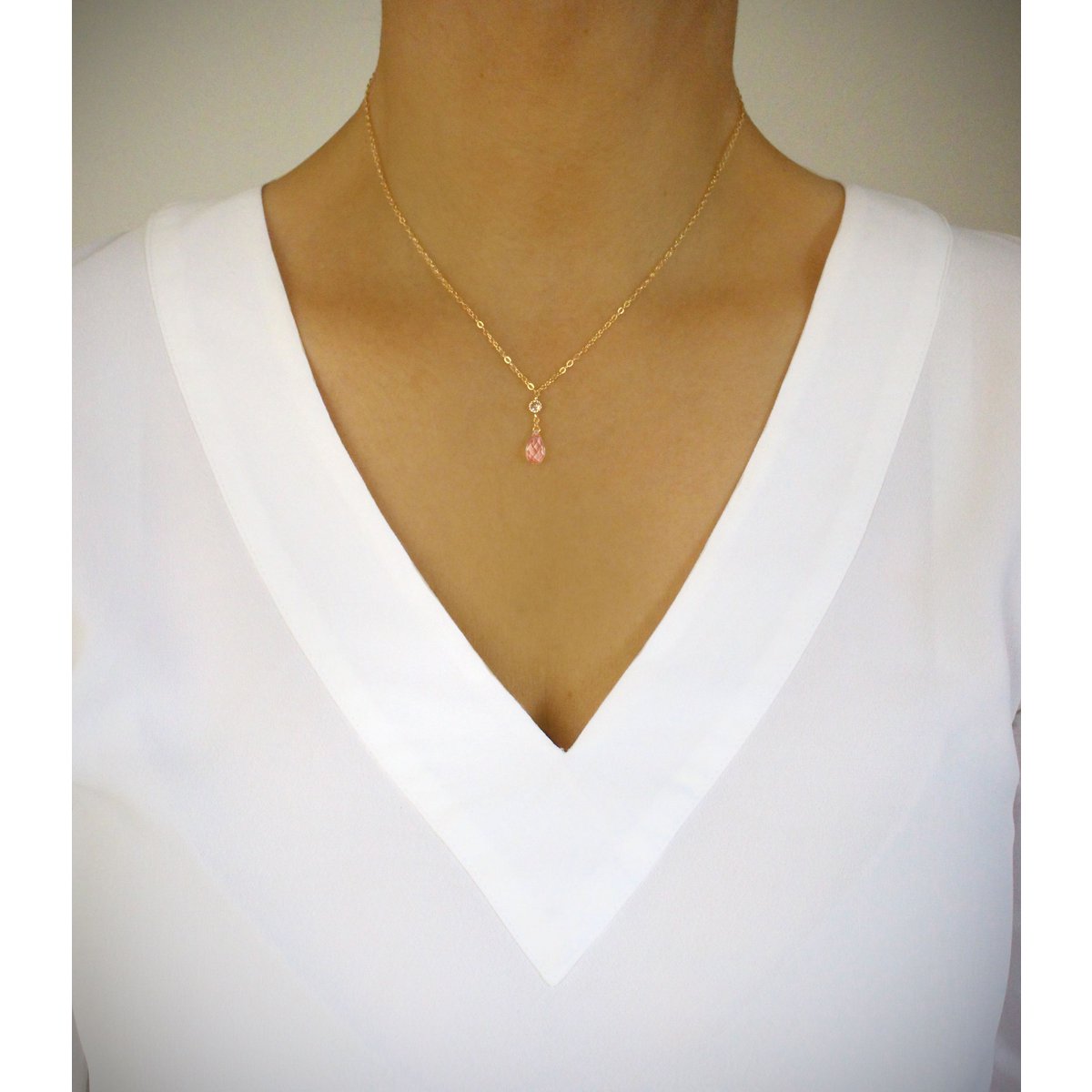 Short 18K gold plated necklace with Rose Peach Austrian drop