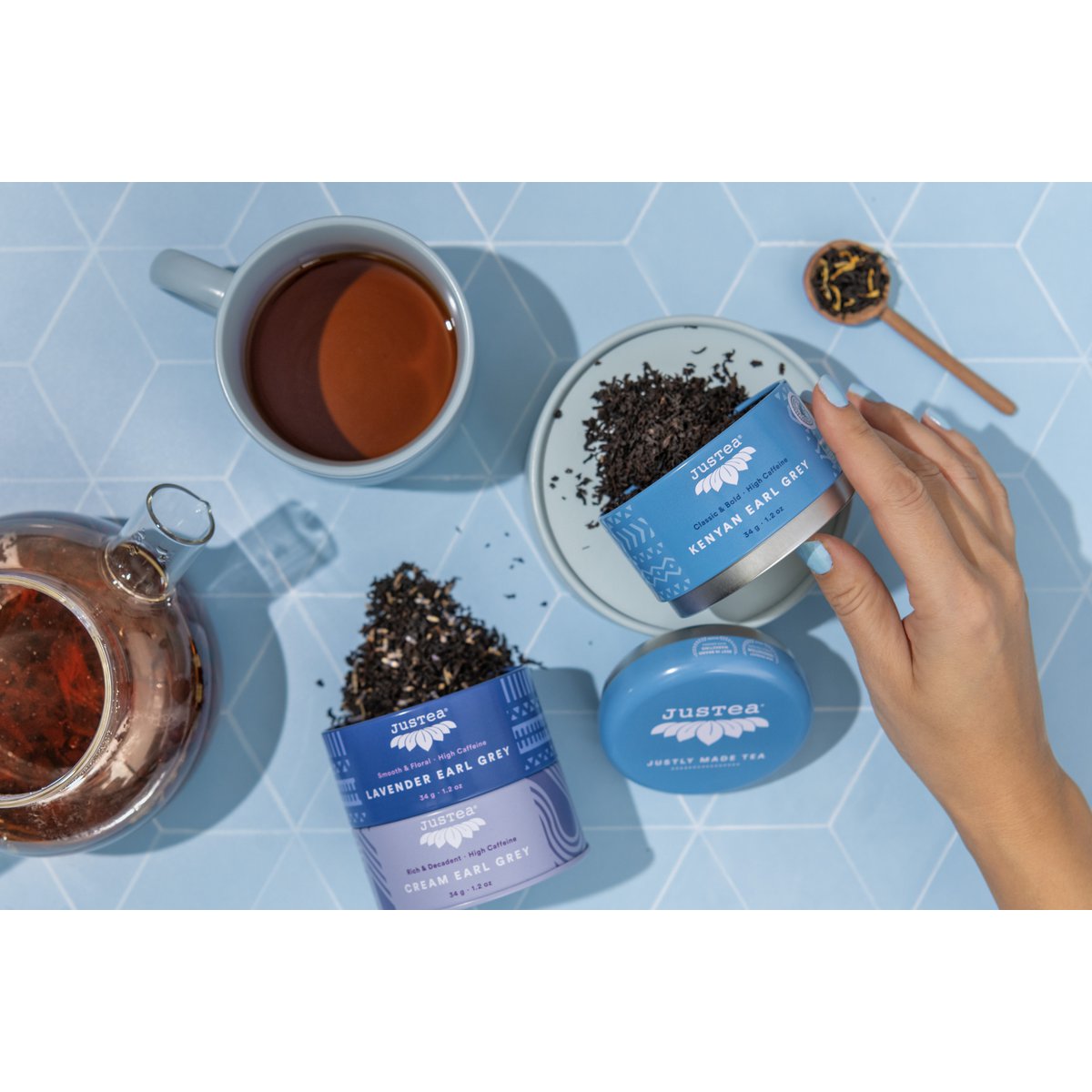 Justa | Earl Grey Tea Trio | Stapelbare Blikjes | Kenianer Earl Gray | Lavendel Earl Grey | Creme Earl Grey