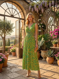 "Sienne" Maxi-kjole – Imperial Cut med smocked talje og rulletryk - 602-55