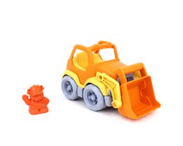 Orange yellow toy bulldozer with wheels, construction vehicle, includes small figure accessory.