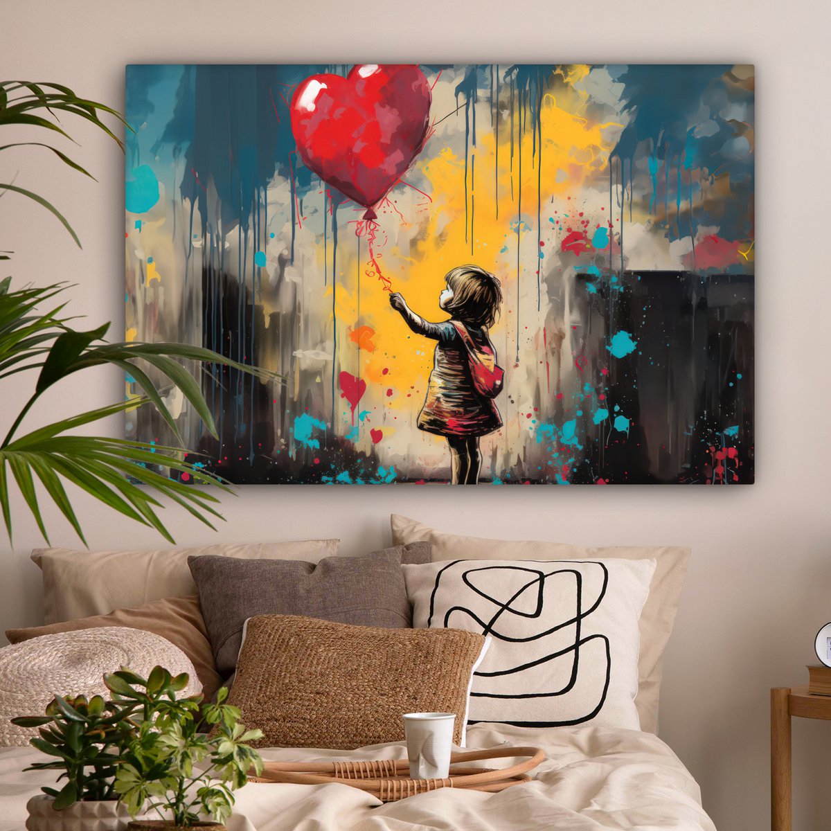 Canvas schilderij  - Wanddecoratie Meisje - Ballon - Hart - Graffiti - Muurdecoratie woonkamer - Slaapkamer decoratie - Kamer accessoires - Schilderijen op canvas