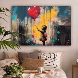 Canvas schilderij  - Wanddecoratie Meisje - Ballon - Hart - Graffiti - Muurdecoratie woonkamer - Slaapkamer decoratie - Kamer accessoires - Schilderijen op canvas