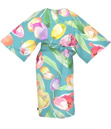 Vibrant floral kimono in turquoise, rose, green, and yellow with tulip pattern. Made of GOTS-certified organic cotton. Ideal for women's casual or formal wear.