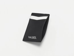 Vertical black and white card holder made of durable material.
