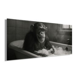 Vægbillede CHIMPANS I BADEVÆRELSET 33x70 cm - lærred billedbåre ramme dekoration moderne