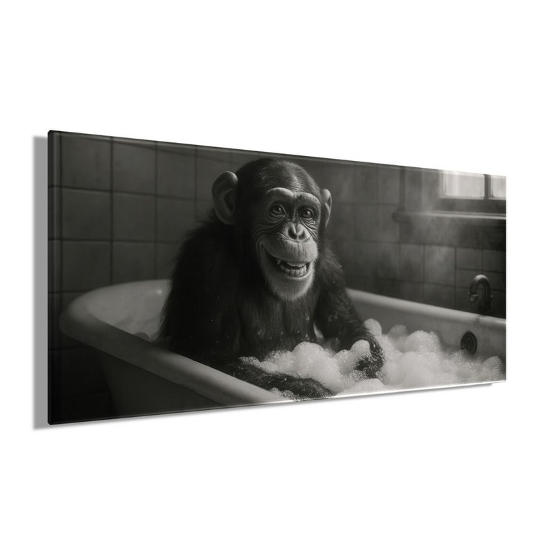 Vægbillede CHIMPANS I BADEVÆRELSET 33x70 cm - lærred billedbåre ramme dekoration moderne
